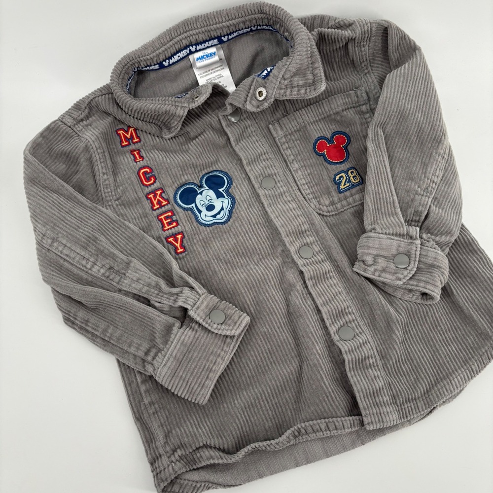 Disney Mickey Mouse Corduroy Shirt Toddler 3T Grey Embroidered Patch Snap Front